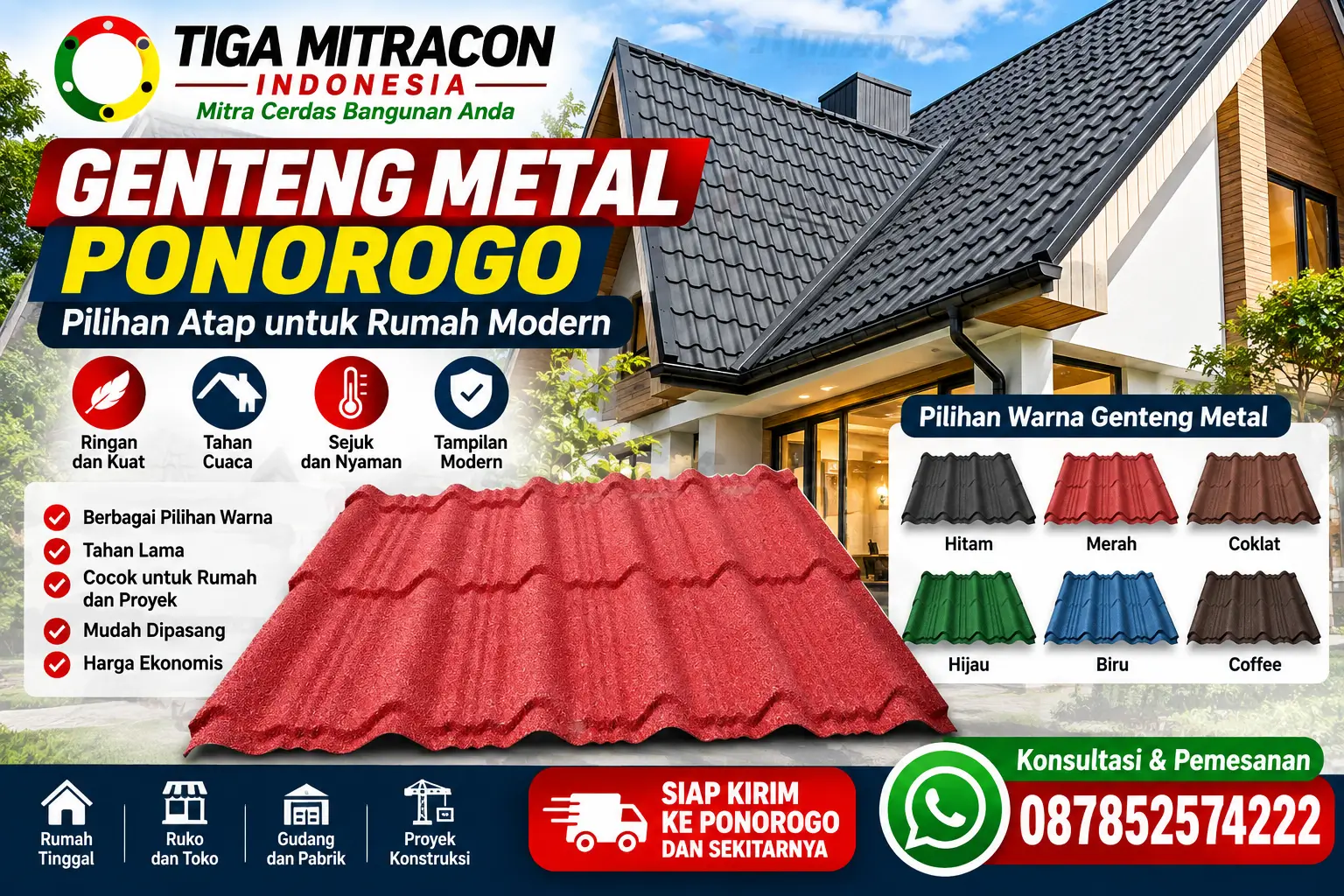Genteng metal Ponorogo untuk atap rumah modern dengan pilihan warna dan model