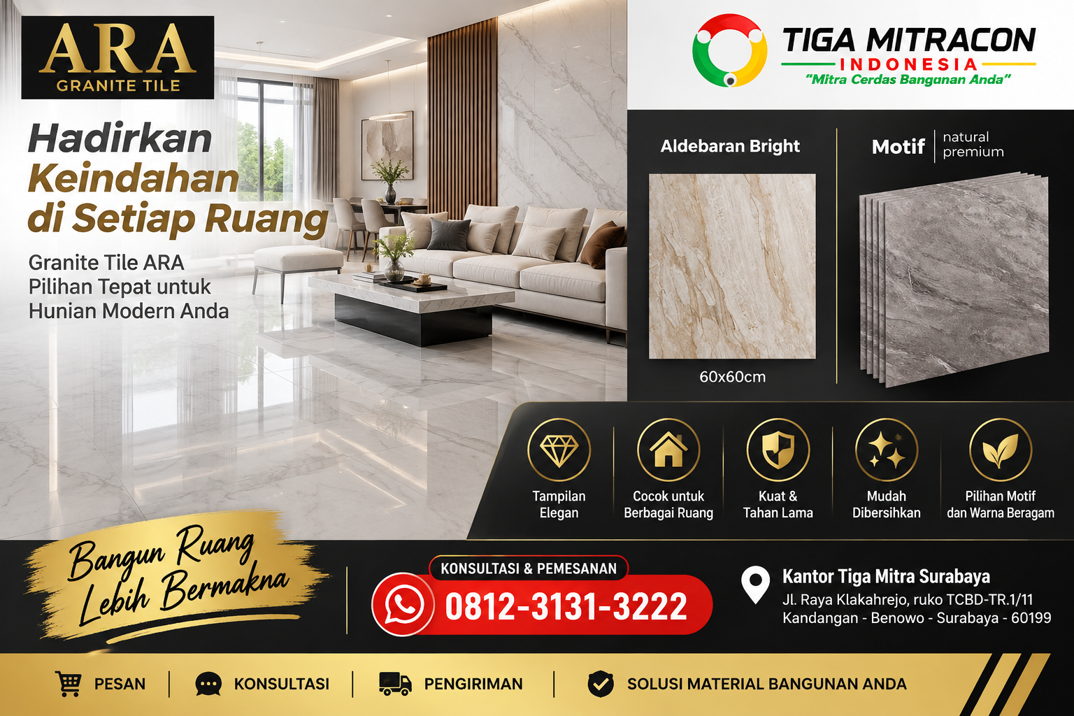 Granite Tile ARA Aldebaran Bright 60x60 cm untuk material lantai rumah dan proyek di Biak Numfor