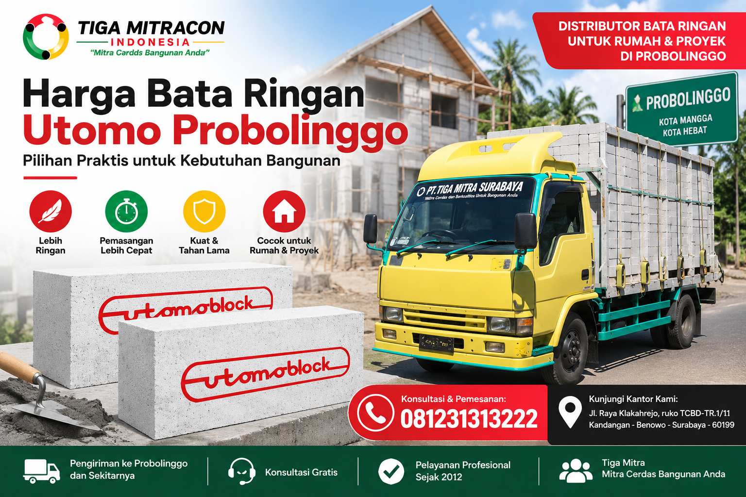 Harga Bata Ringan Utomo Probolinggo untuk kebutuhan rumah dan proyek dengan layanan pengiriman Tiga Mitra