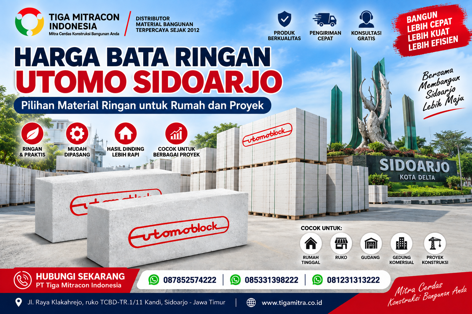Harga Bata Ringan Utomo Sidoarjo untuk rumah dan proyek dari PT Tiga Mitracon Indonesia