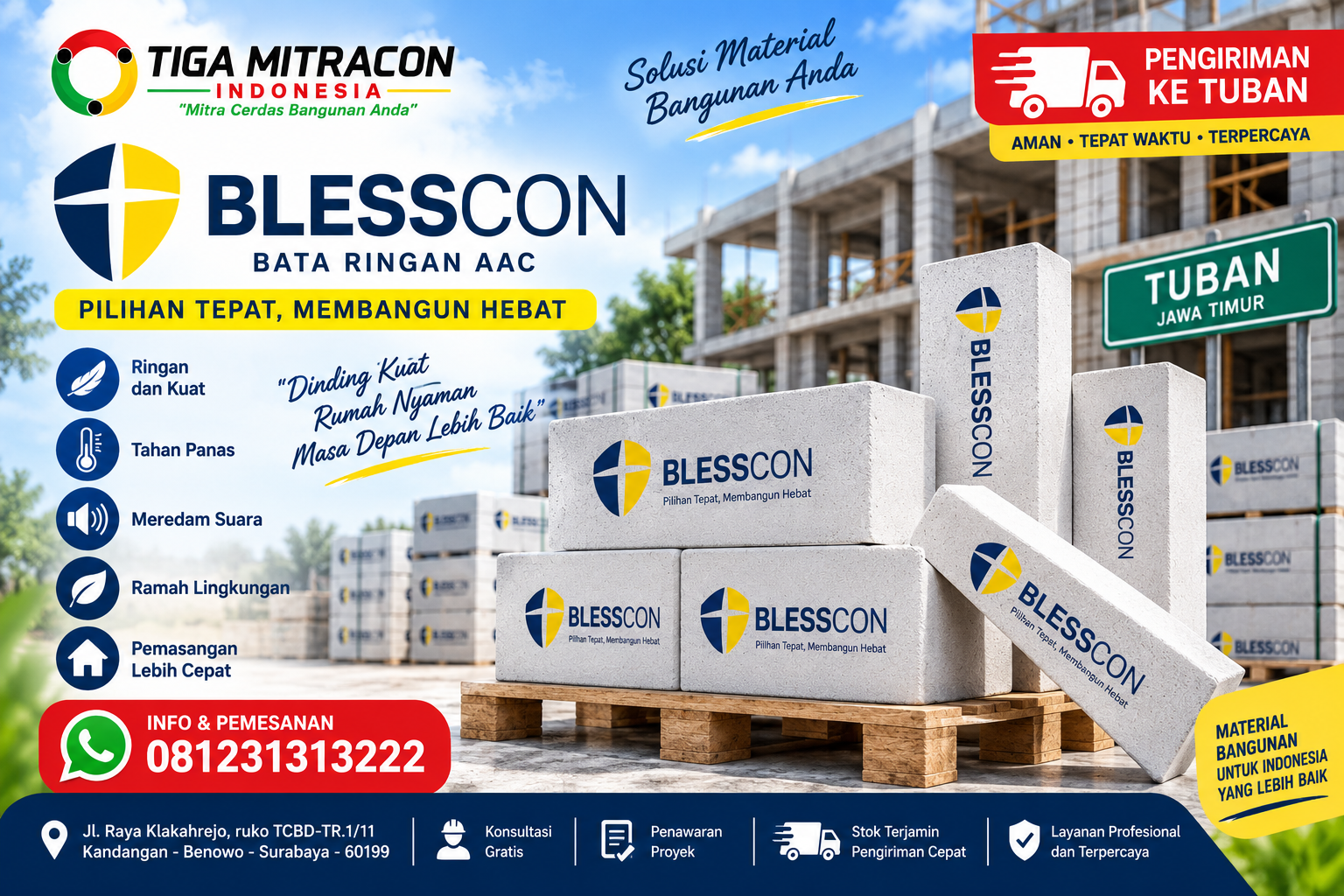 Bata Ringan Blesscon Tuban untuk material dinding rumah dan proyek dengan layanan pengiriman