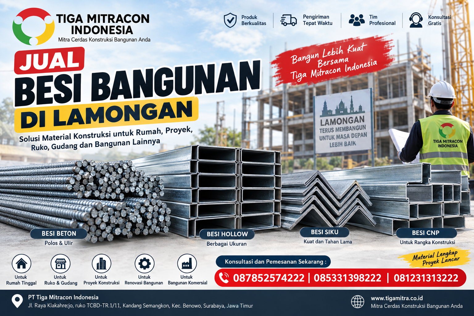 Jual Besi Bangunan di Lamongan – Besi Beton, Besi Hollow, Besi Siku dan Besi CNP Tiga Mitracon Indonesia