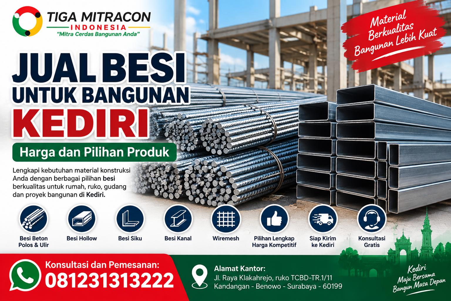 Jual besi untuk bangunan Kediri dengan pilihan besi beton, besi hollow, besi siku, besi kanal, dan wiremesh dari Tiga Mitracon Indonesia