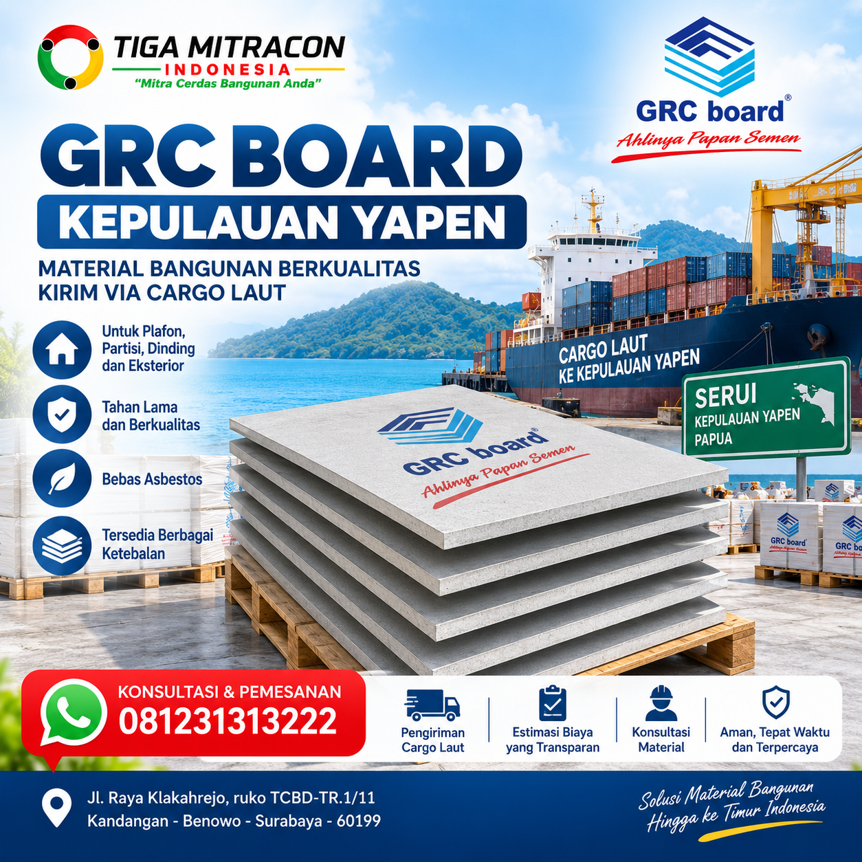 Jual GRC Board Kepulauan Yapen cargo laut ke Serui