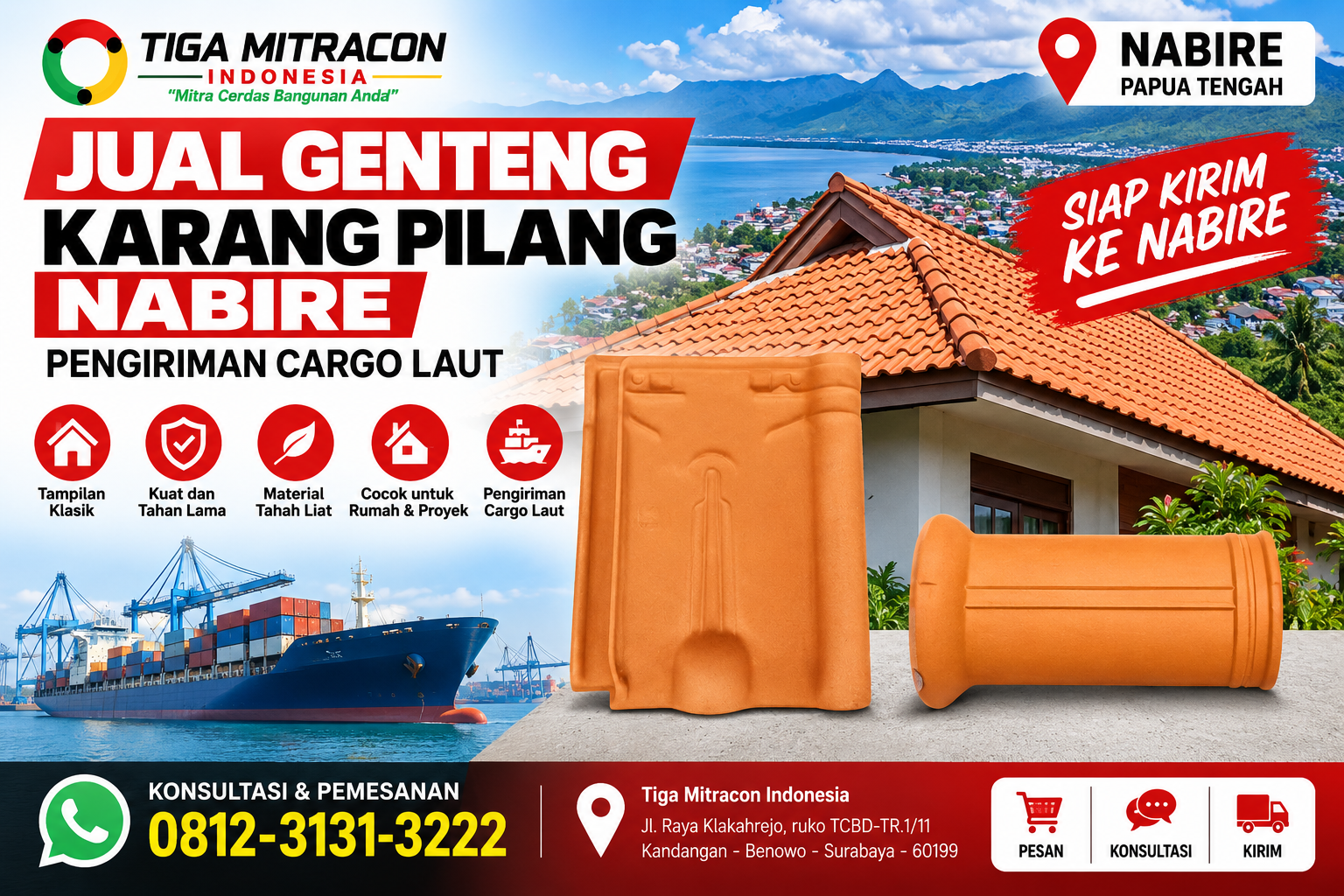 Jual Genteng Karang Pilang Nabire dengan pengiriman cargo laut dari Surabaya