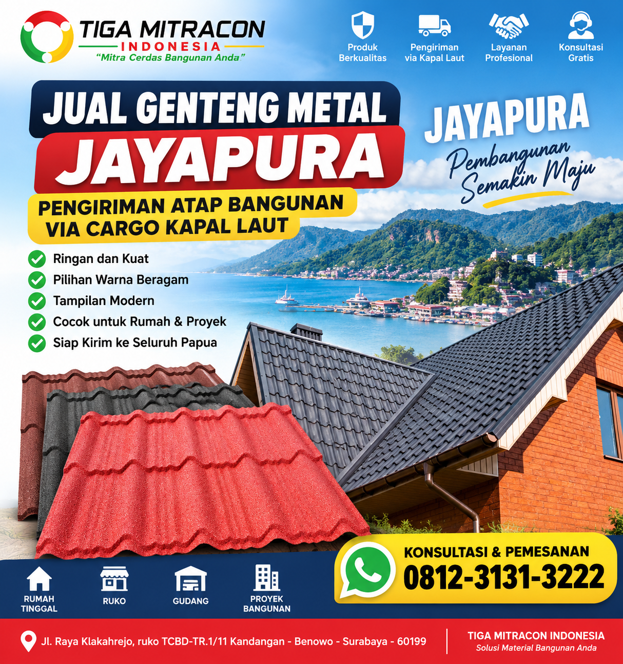 Jual genteng metal Jayapura dengan pengiriman atap bangunan via cargo kapal laut dari Surabaya