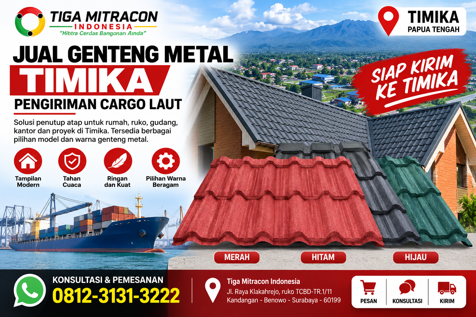 Genteng metal Timika untuk rumah dan proyek dengan pengiriman cargo laut