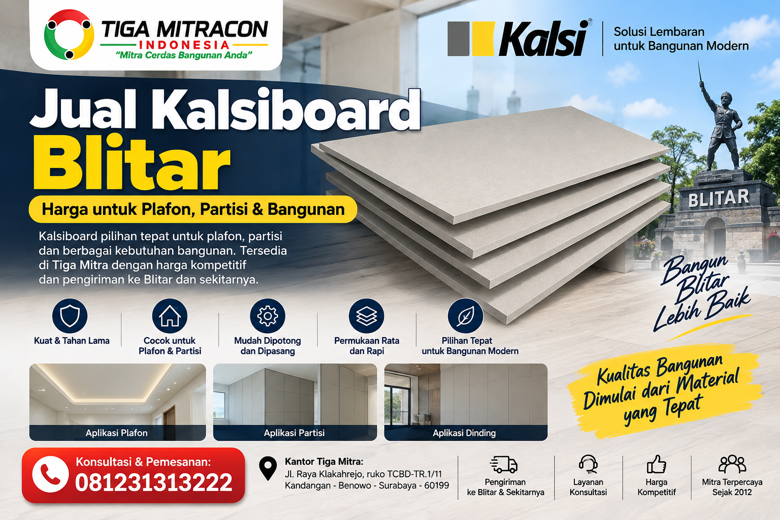 Jual Kalsiboard Blitar untuk plafon, partisi dan bangunan – Tiga Mitra