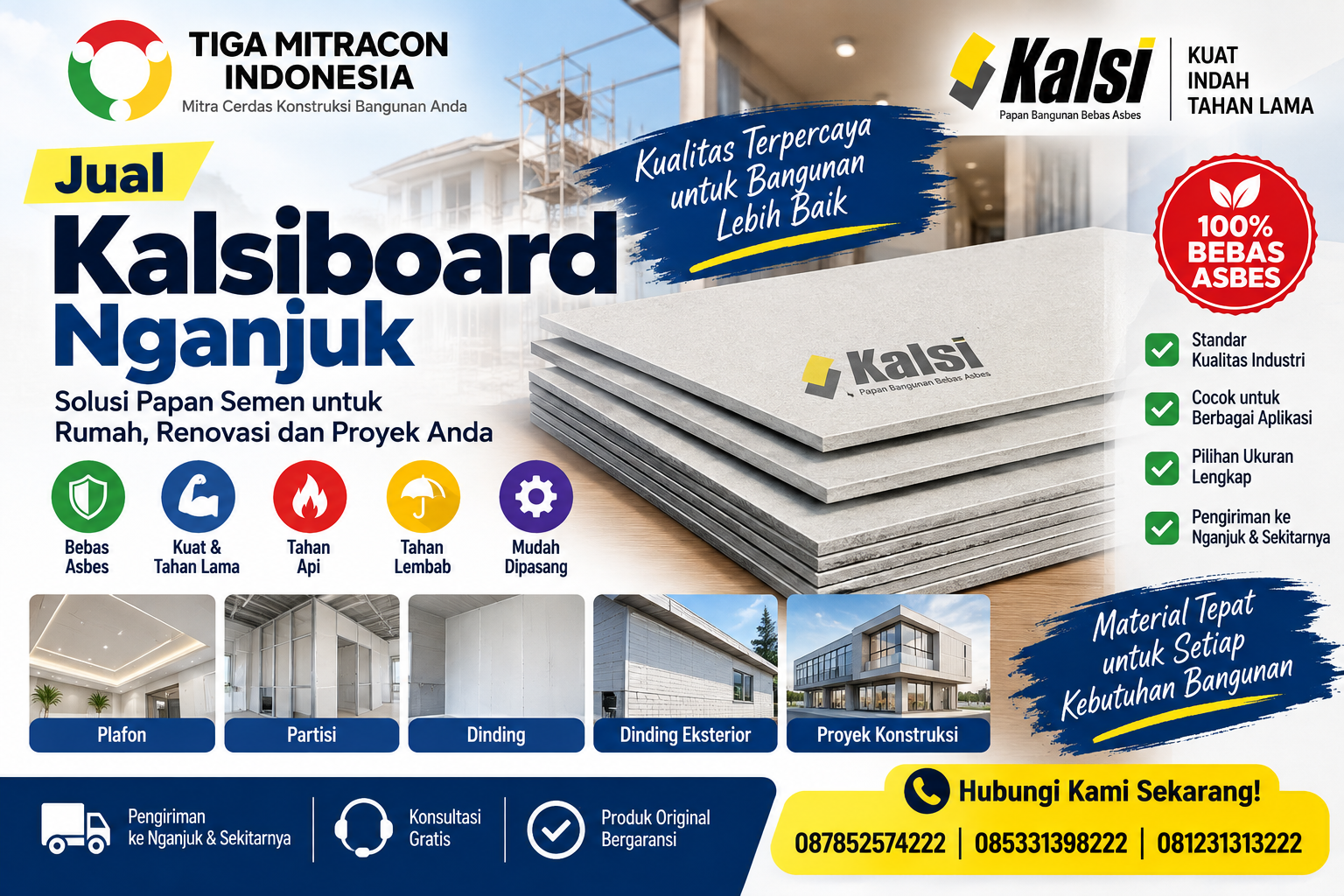 Jual Kalsiboard Nganjuk untuk plafon, partisi, dinding, renovasi, dan proyek konstruksi