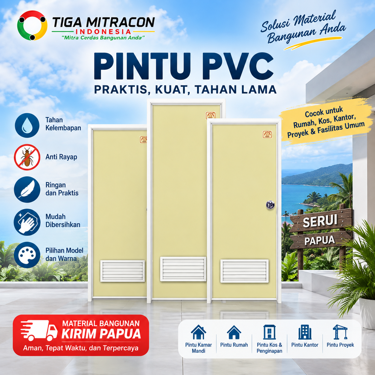 Jual pintu PVC Serui Papua material bangunan kirim Papua