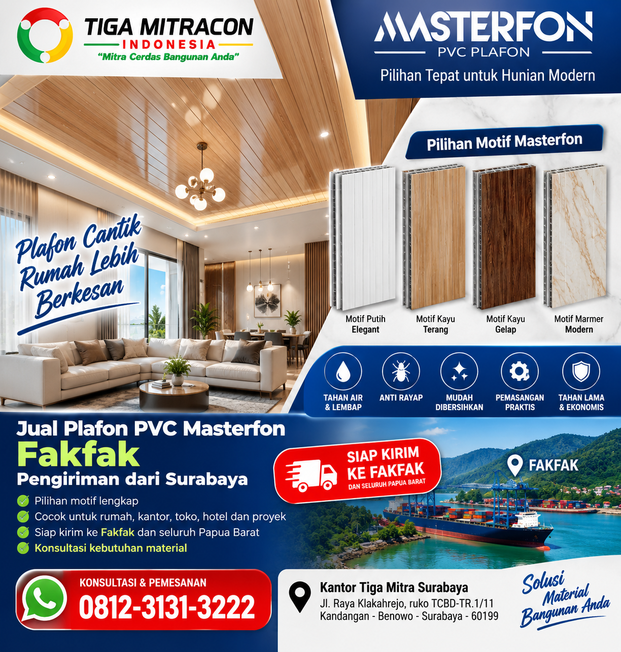 Jual Plafon PVC Masterfon Fakfak dengan pilihan motif dan pengiriman dari Surabaya