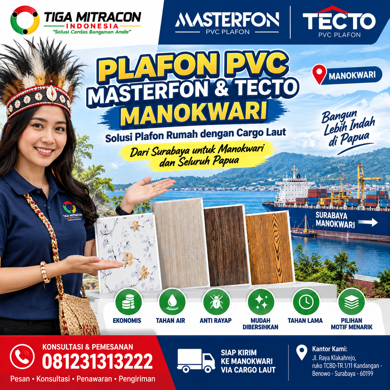 Plafon PVC Masterfon dan Tecto Manokwari siap kirim dari Surabaya via cargo laut