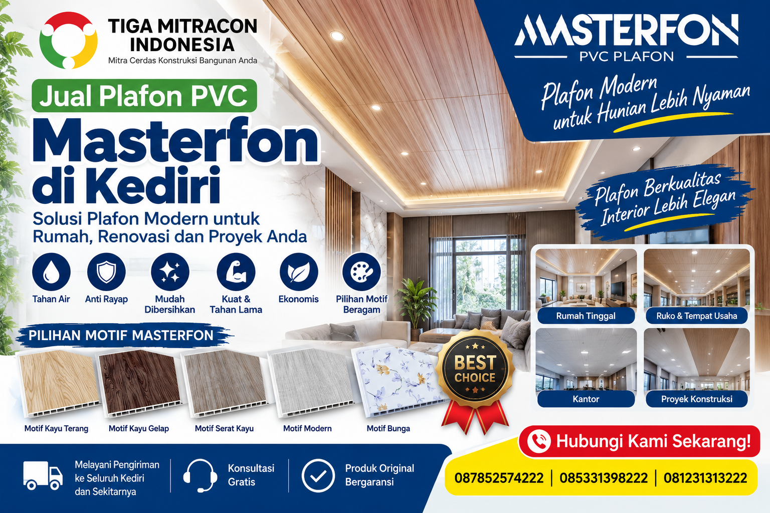 Jual Plafon PVC Masterfon di Kediri untuk rumah, renovasi, ruko dan proyek konstruksi