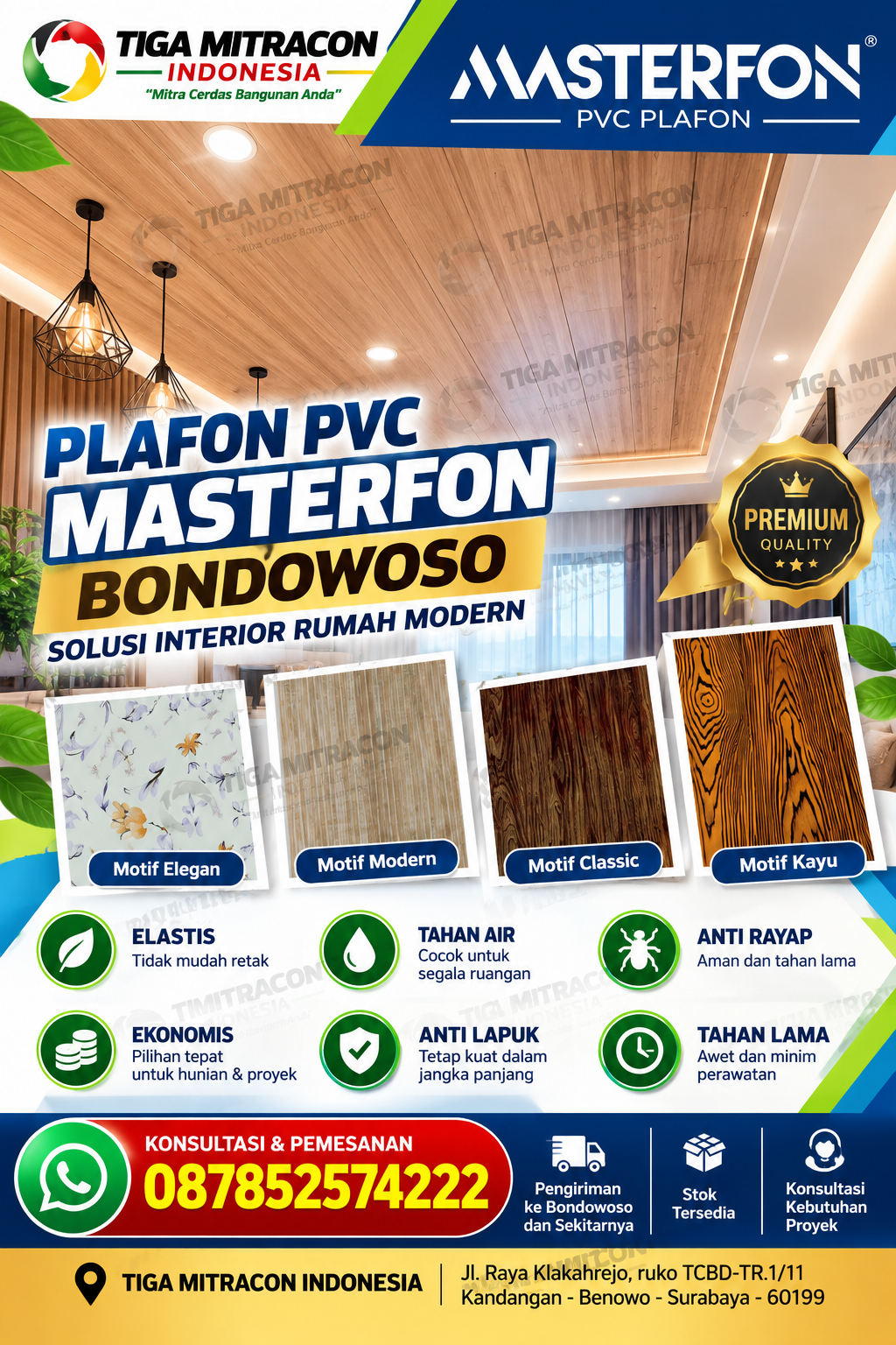 Plafon PVC Masterfon Bondowoso dengan pilihan motif modern, kayu, klasik, dan elegan – Tiga Mitracon Indonesia