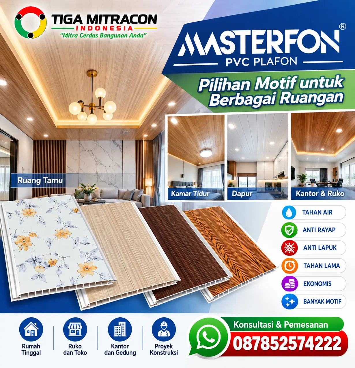 Plafon PVC Masterfon berbagai motif untuk rumah dan proyek