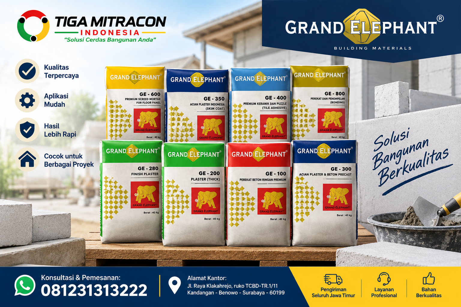 Semen Mortar GE Kediri Grand Elephant berbagai tipe