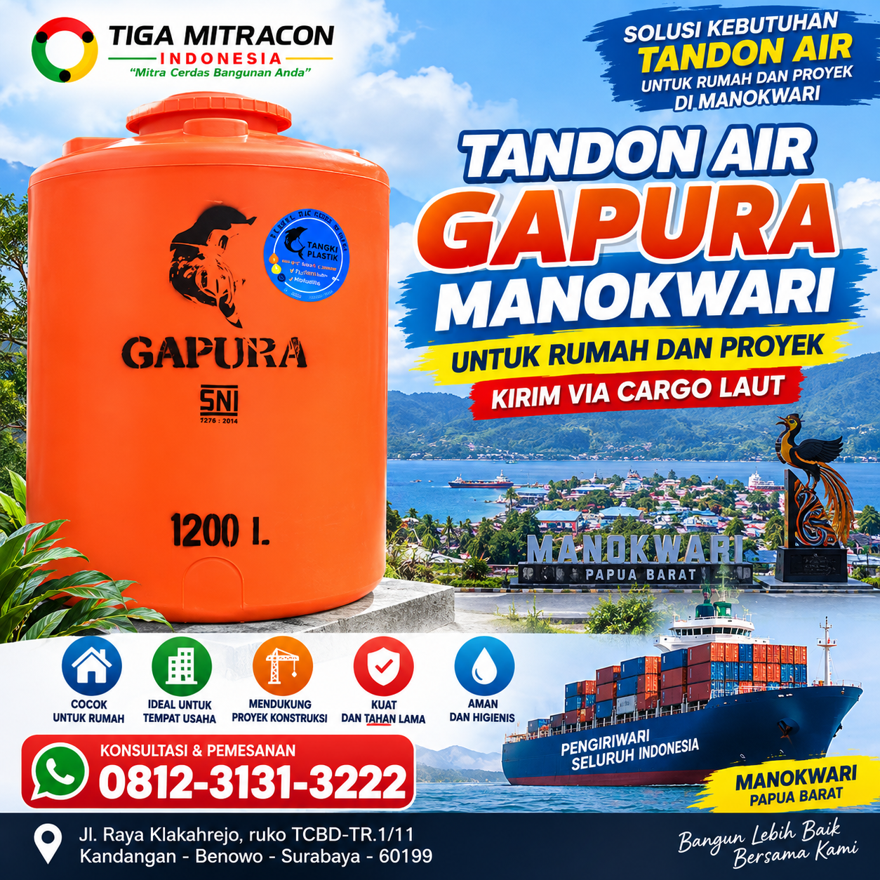 Tandon Air Gapura 1200 Liter untuk Rumah dan Proyek di Manokwari, Kirim via Cargo Laut