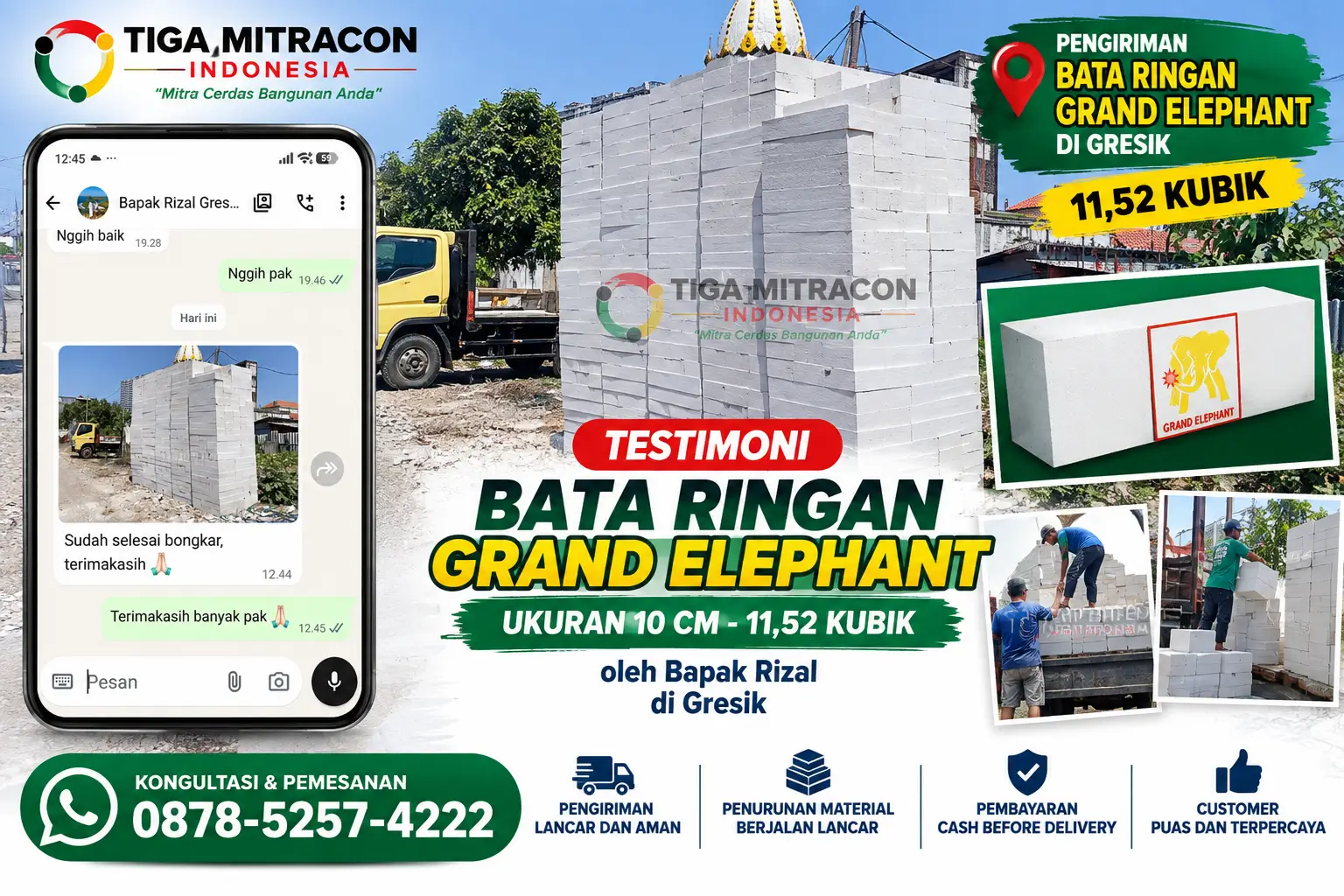 Testimoni pembelian bata ringan Grand Elephant ukuran 10 cm sebanyak 11,52 kubik oleh Bapak Rizal di Gresik