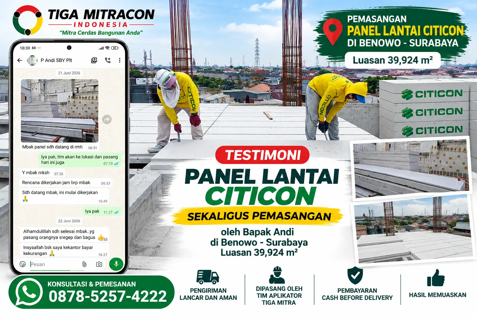 Testimoni pemasangan panel lantai Citicon seluas 39,924 m² oleh Bapak Andi di Benowo Surabaya