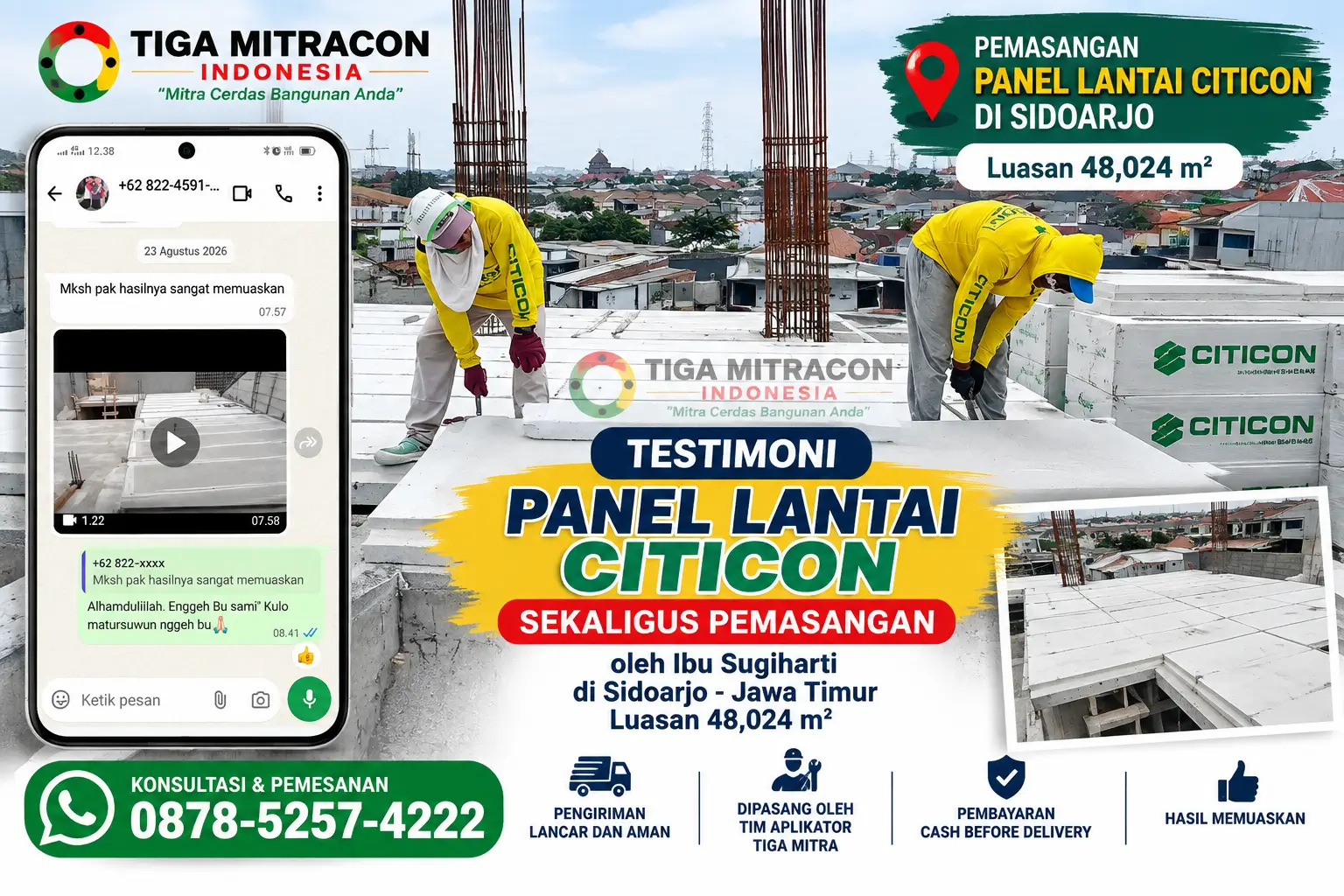 Testimoni pemasangan panel lantai Citicon seluas 48,024 m² oleh Ibu Sugiharti di Sidoarjo Jawa Timur