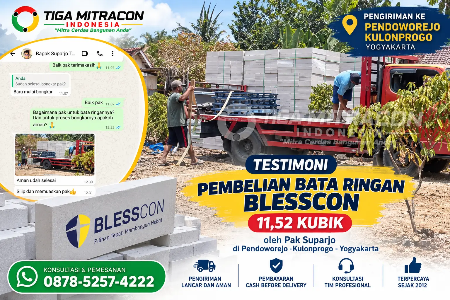 Testimoni pembelian bata ringan Blesscon 11,52 kubik oleh Pak Suparjo di Pendoworejo Kulonprogo Yogyakarta