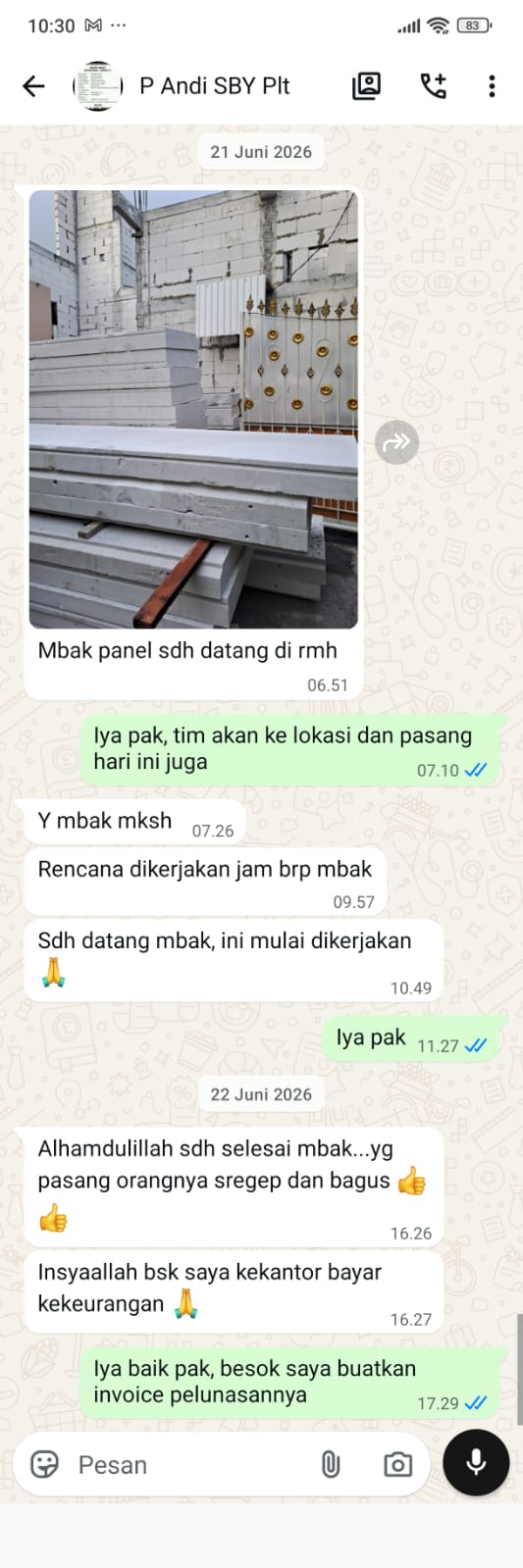 Testimoni pemasangan panel lantai Citicon seluas 39,924 m² oleh Bapak Andi di Benowo Surabaya