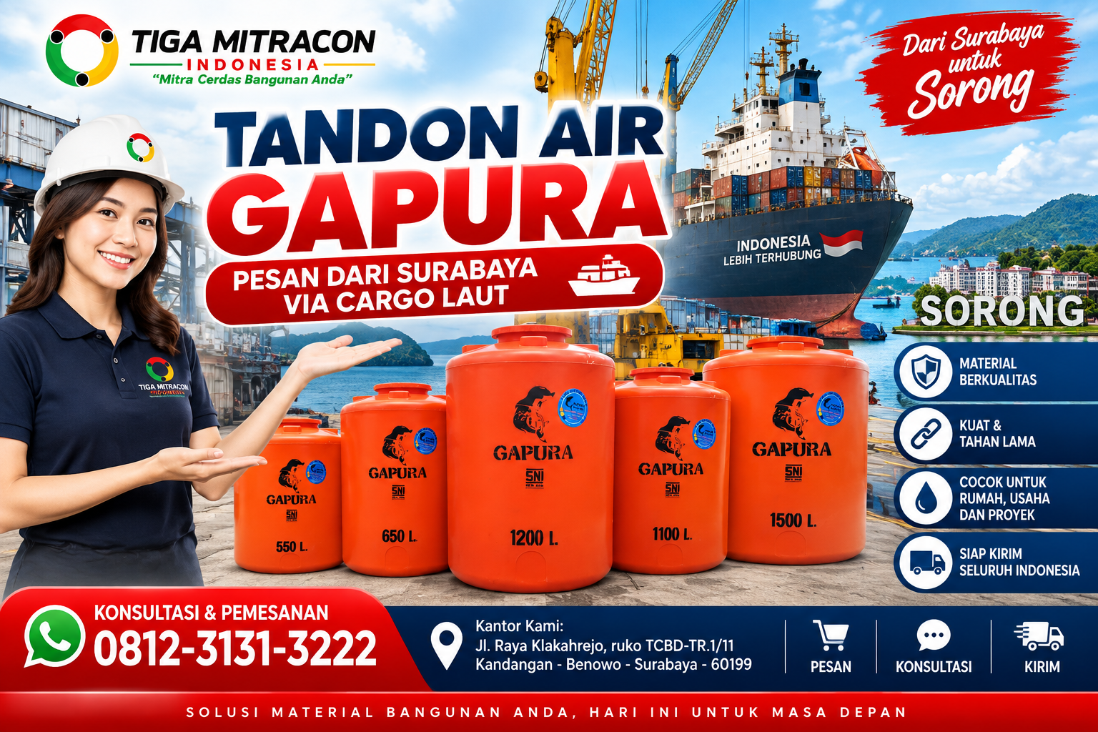 Tandon Air Gapura Sorong pesan dari Surabaya via cargo laut – Tiga Mitracon Indonesia