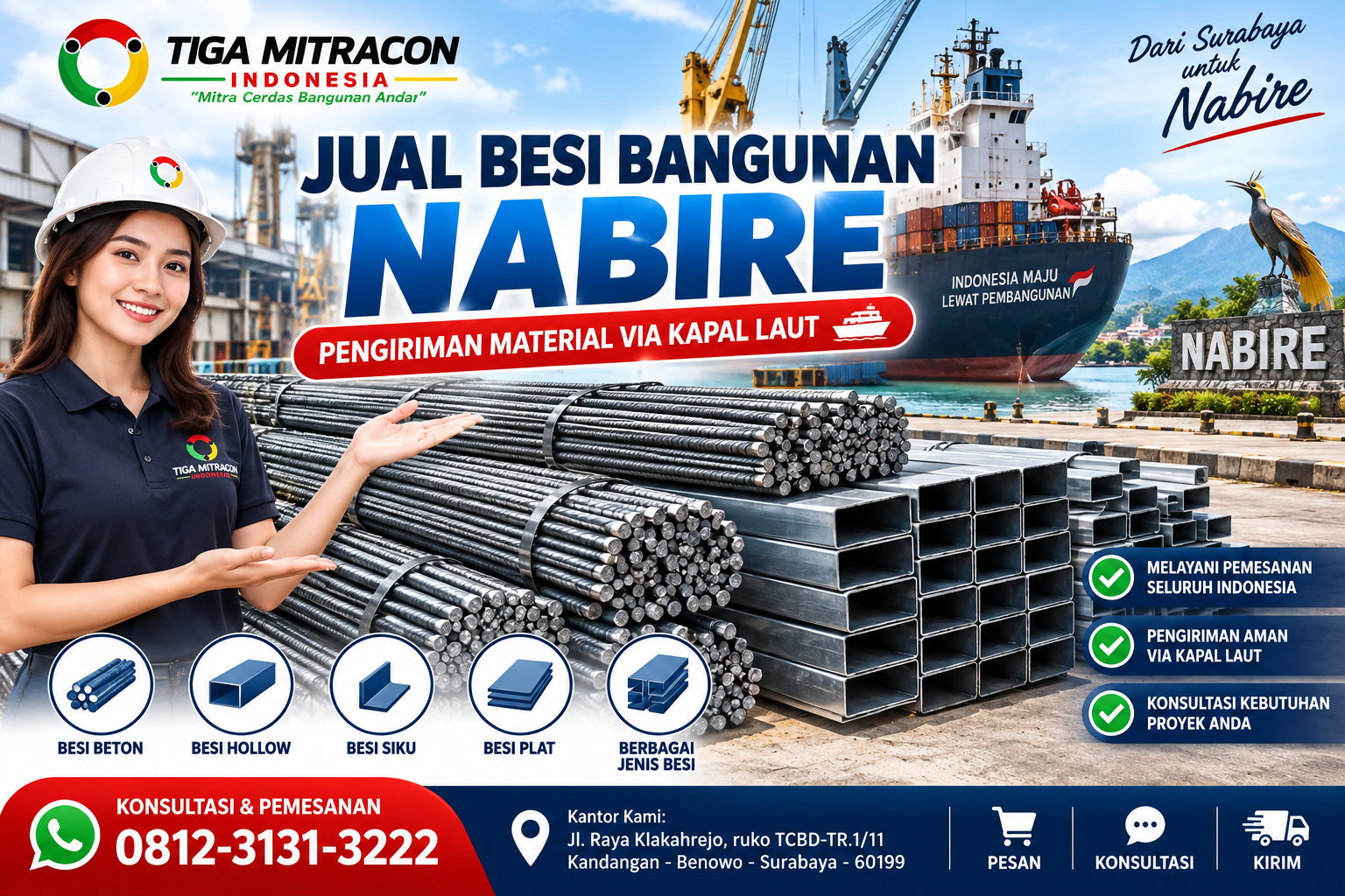 Jual besi bangunan Nabire dengan pengiriman material via kapal laut dari Surabaya oleh Tiga Mitracon Indonesia