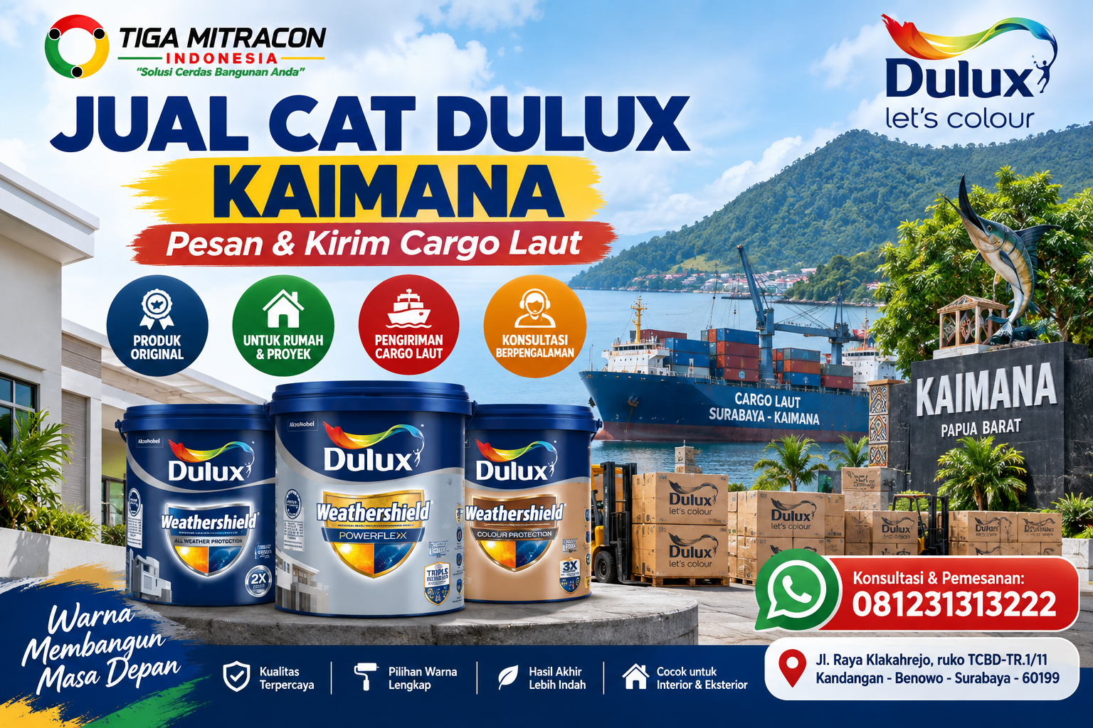 Jual Cat Dulux Kaimana untuk rumah dan proyek dengan pengiriman cargo laut dari Surabaya