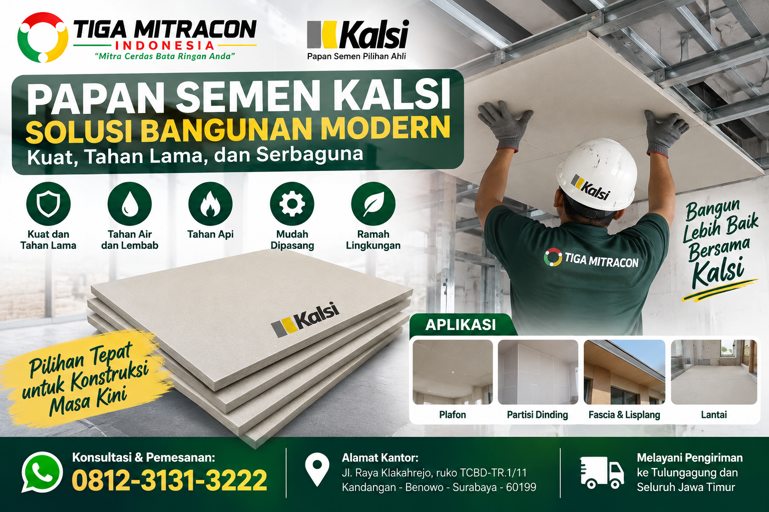 Papan Semen Kalsi untuk plafon, partisi, dinding dan lantai bangunan