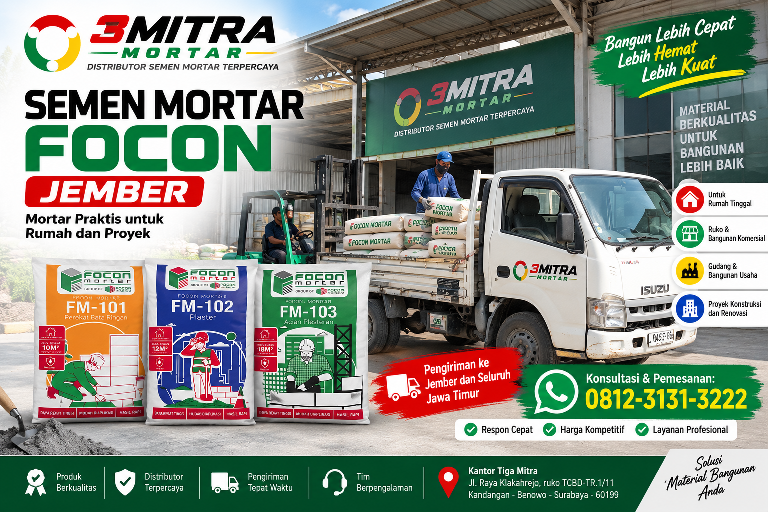 Semen Mortar Focon Jember untuk perekat bata ringan, plester, dan acian