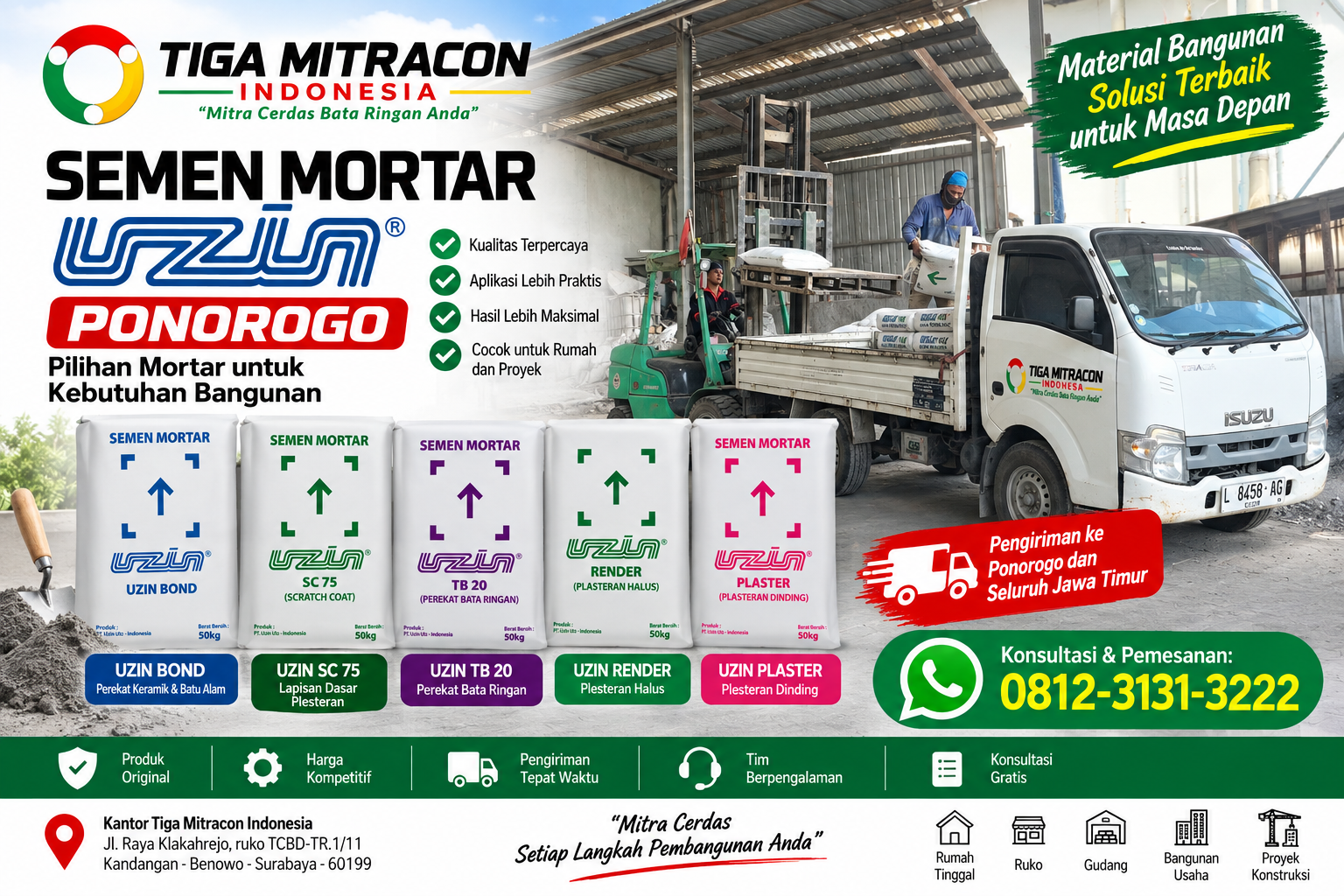 Semen Mortar Uzin Ponorogo untuk kebutuhan pembangunan rumah dan proyek konstruksi