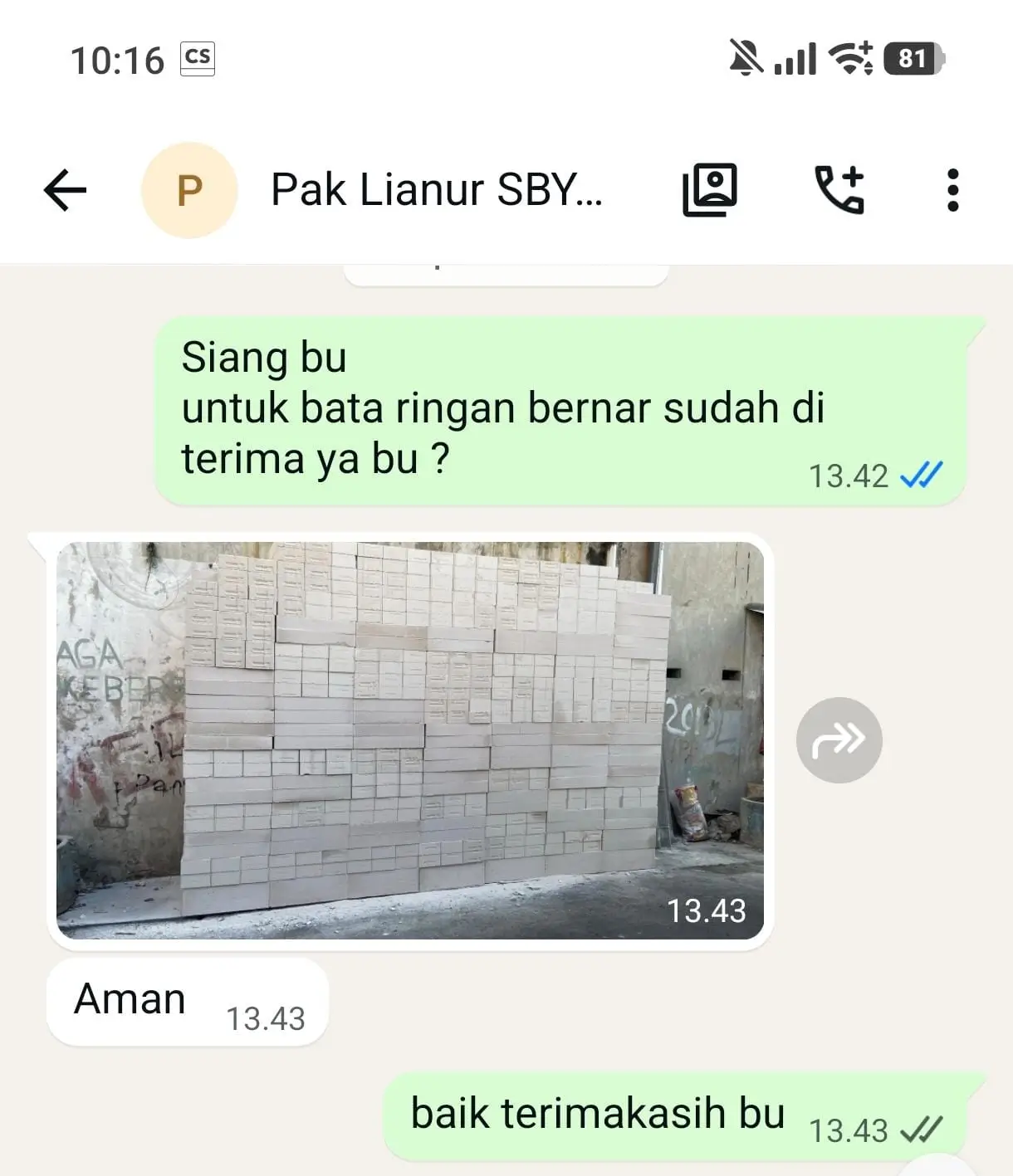 Testimoni pembelian bata ringan Bricon ukuran 10 cm sebanyak 11,52 kubik oleh Bapak Lianur di Surabaya