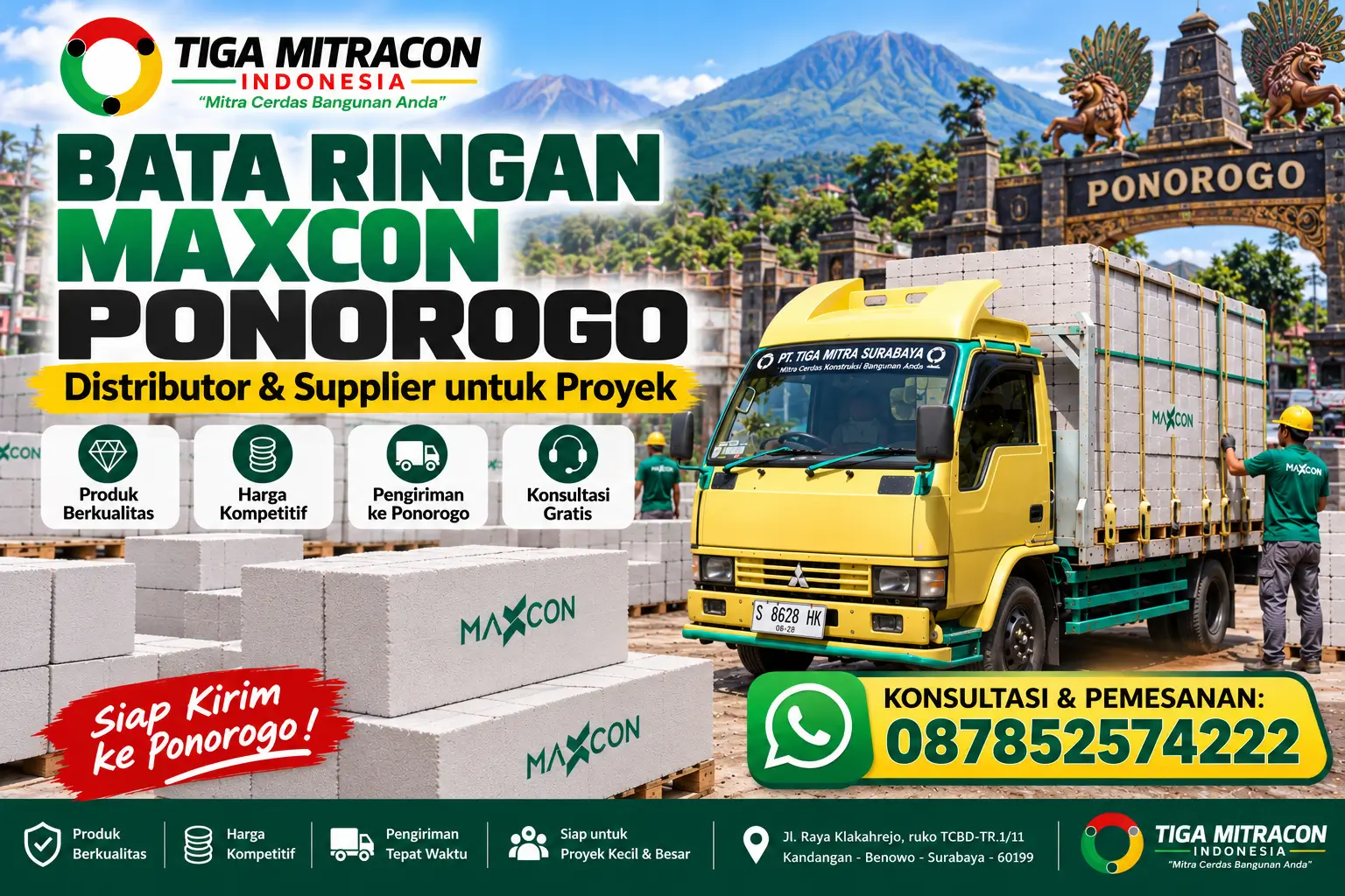 Bata ringan Maxcon Ponorogo dengan armada pengiriman Tiga Mitracon Indonesia untuk kebutuhan rumah dan proyek konstruksi.