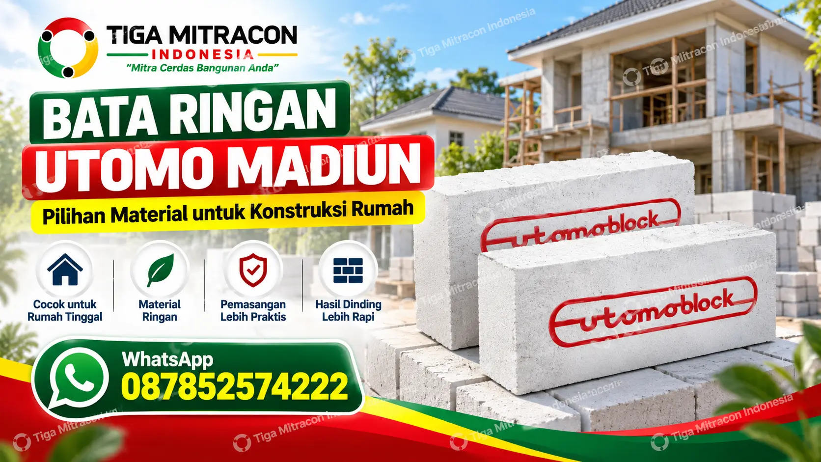 Bata ringan UTOMO Madiun untuk pembangunan rumah dengan layanan Tiga Mitracon Indonesia.