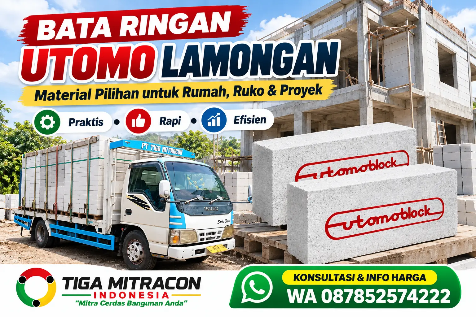 Bata ringan Utomo Lamongan untuk rumah, ruko, dan proyek konstruksi bersama Tiga Mitracon Indonesia.