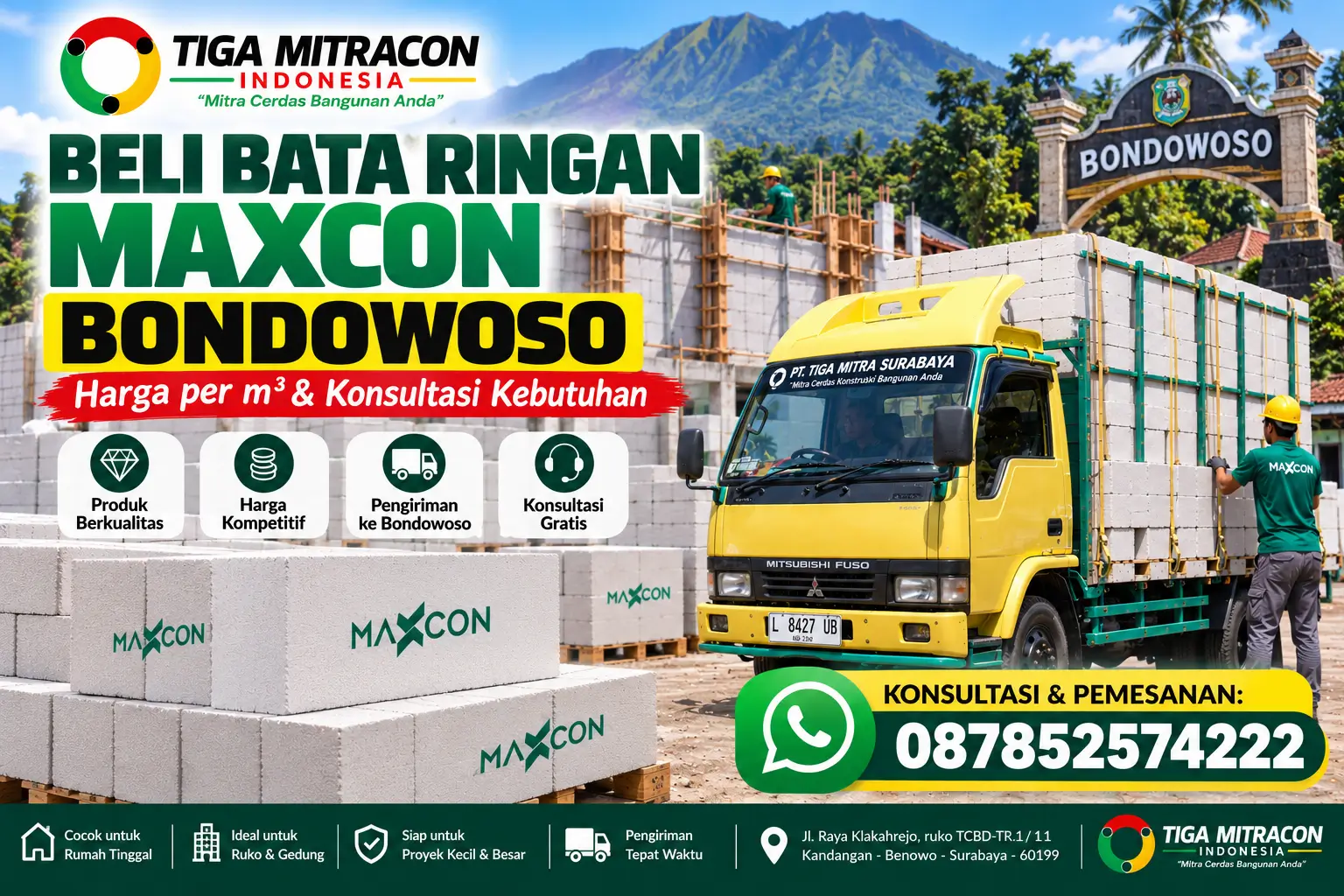 Beli bata ringan Maxcon Bondowoso dengan armada pengiriman dan layanan konsultasi kebutuhan dari Tiga Mitracon Indonesia.