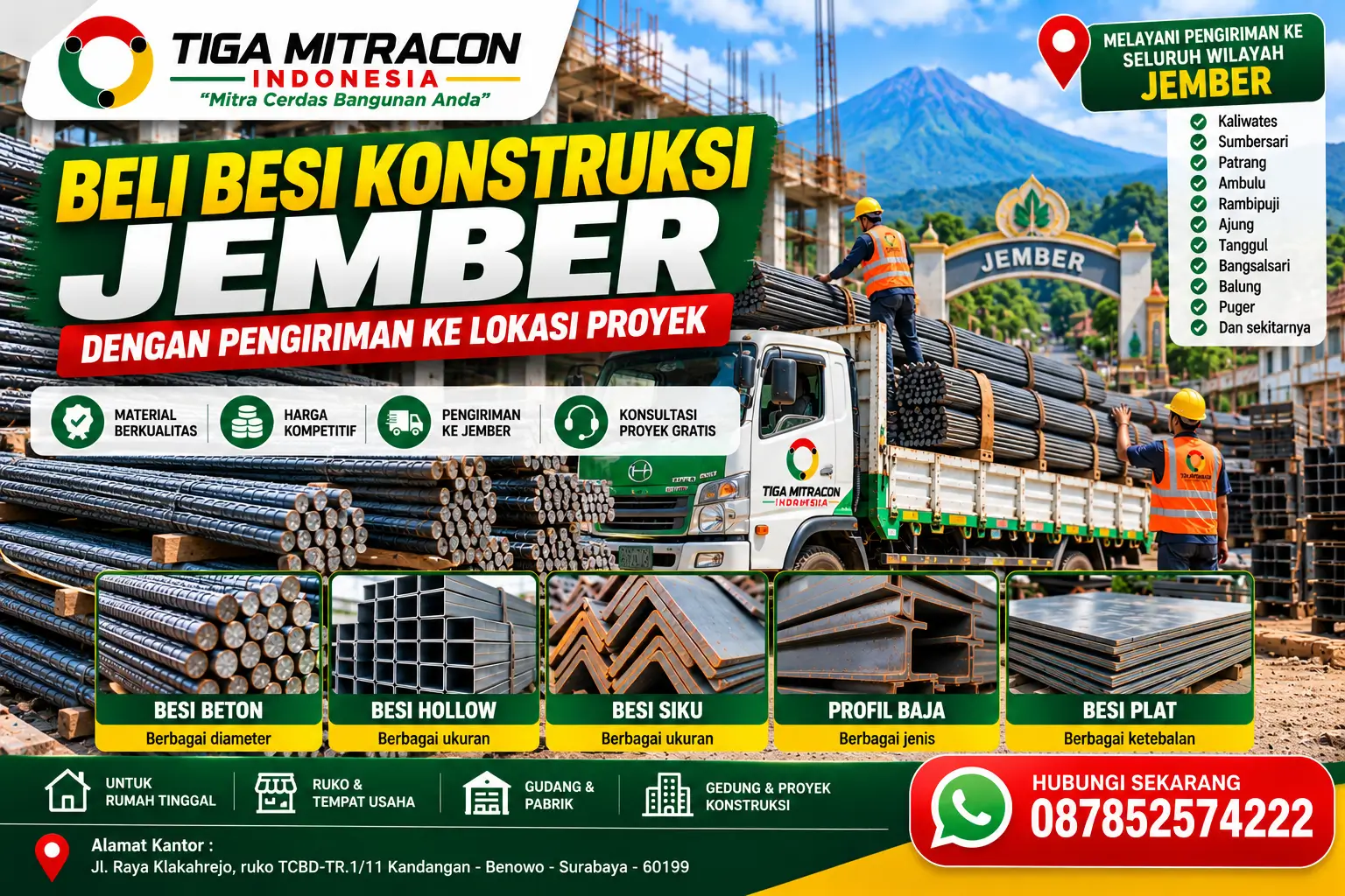 Jual besi konstruksi Jember dengan pengiriman ke lokasi proyek oleh Tiga Mitracon Indonesia, melayani kebutuhan besi beton, besi hollow, besi siku, profil baja, dan besi plat.