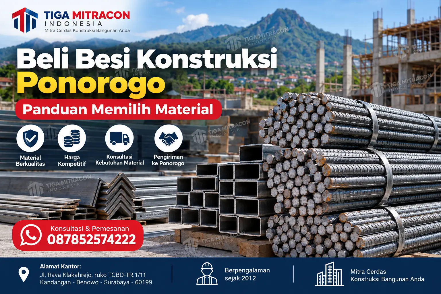 Beli besi konstruksi Ponorogo dengan pilihan besi beton dan besi hollow dari Tiga Mitracon Indonesia.