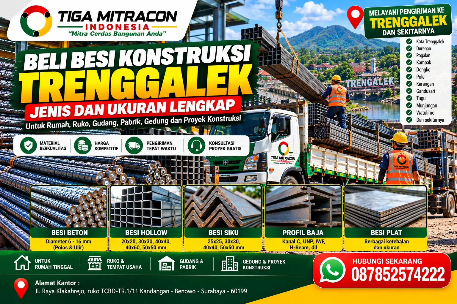 Beli besi konstruksi Trenggalek dari Tiga Mitracon Indonesia dengan pilihan besi beton, hollow, siku, profil baja, dan besi plat.