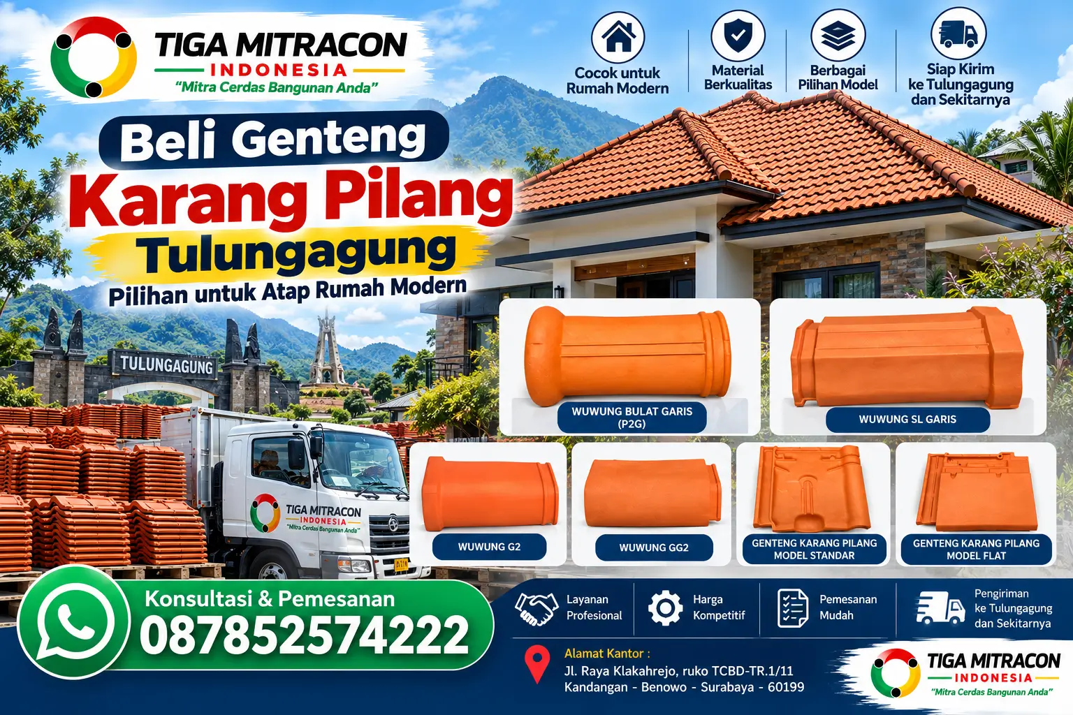 Beli genteng Karang Pilang Tulungagung untuk atap rumah modern dengan pilihan genteng wuwung dan genteng model flat dari Tiga Mitracon Indonesia.