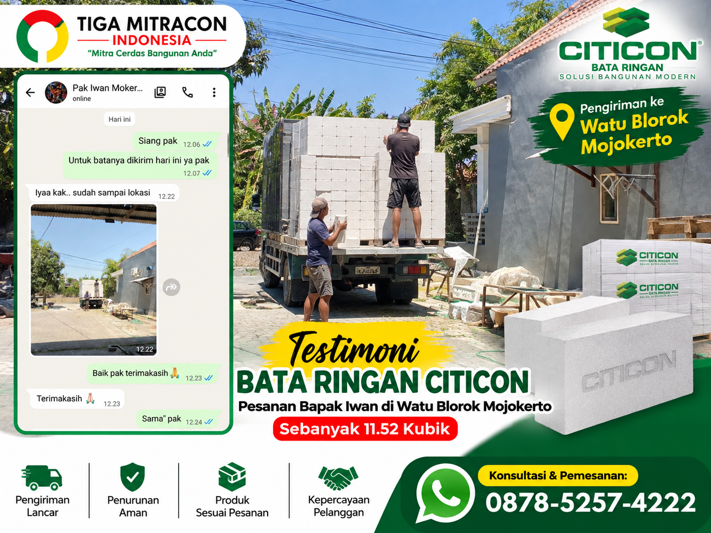 Testimoni pembelian 11,52 kubik bata ringan Citicon oleh Bapak Iwan di Watu Blorok Mojokerto dengan dokumentasi pengiriman dan penurunan material.
