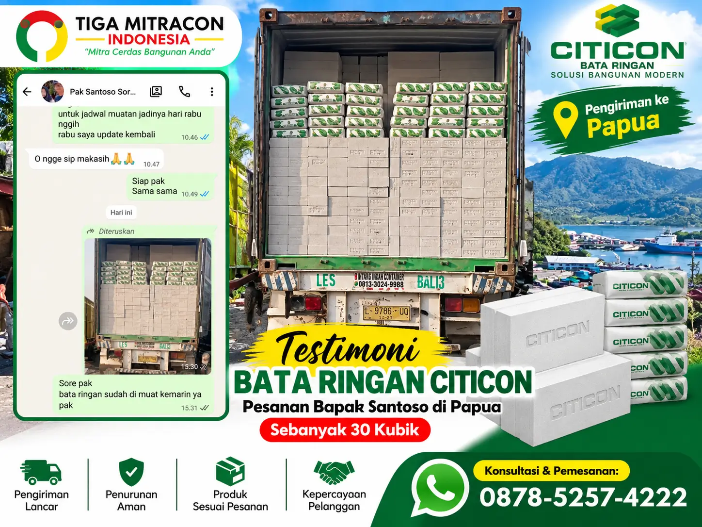 pembelian 30 kubik bata ringan Citicon oleh Bapak Santoso untuk pengiriman ke Papua, menampilkan dokumentasi muatan truk, percakapan WhatsApp, logo Tiga Mitracon Indonesia, dan informasi pemesanan.