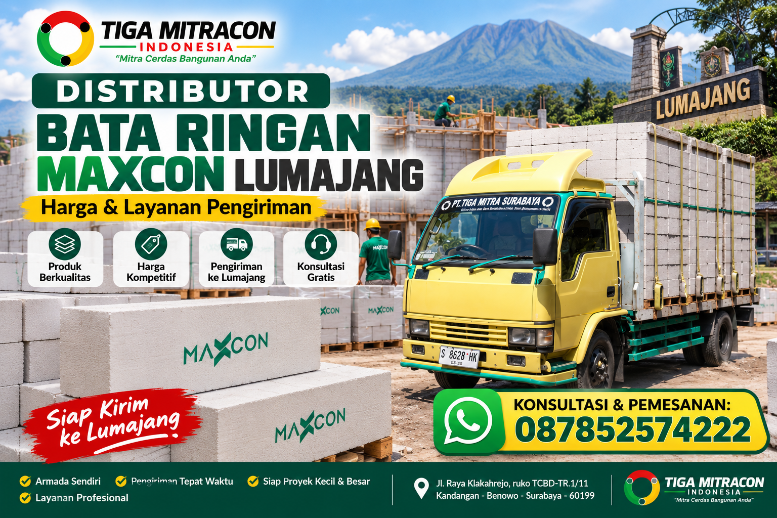 Distributor bata ringan Maxcon Lumajang dengan armada pengiriman Tiga Mitracon Indonesia dan layanan konsultasi harga.