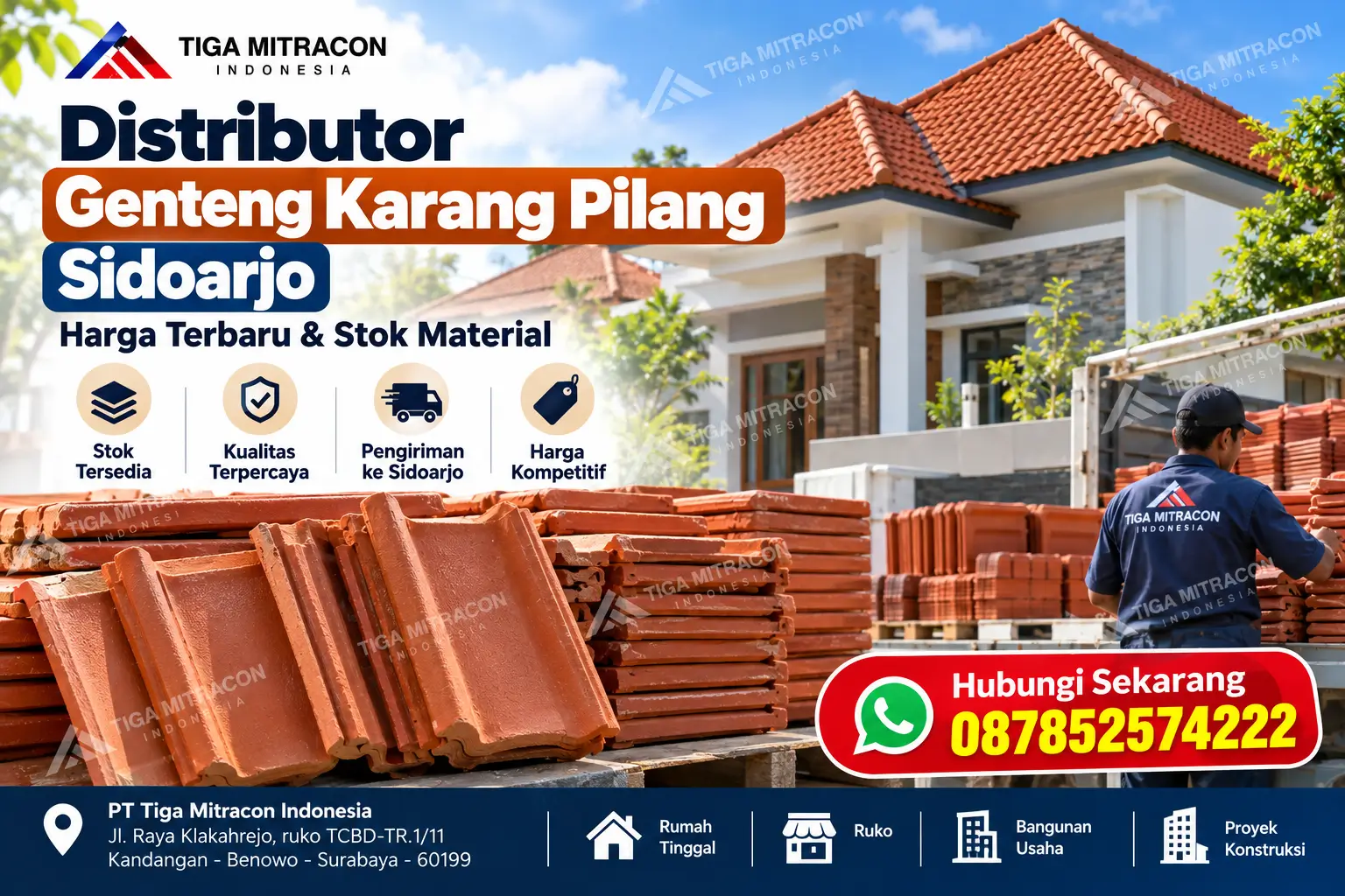 Distributor genteng Karang Pilang Sidoarjo untuk kebutuhan rumah dan proyek konstruksi, dengan layanan informasi harga dan stok dari Tiga Mitracon Indonesia.