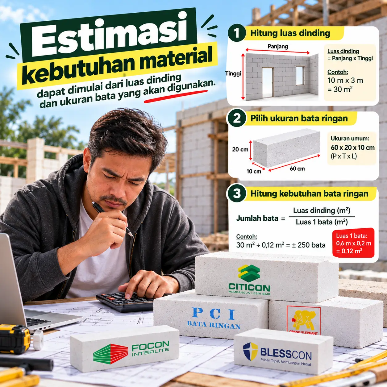 Estimasi material dapat dimulai dari luas dinding dan ukuran bata yang akan digunakan.