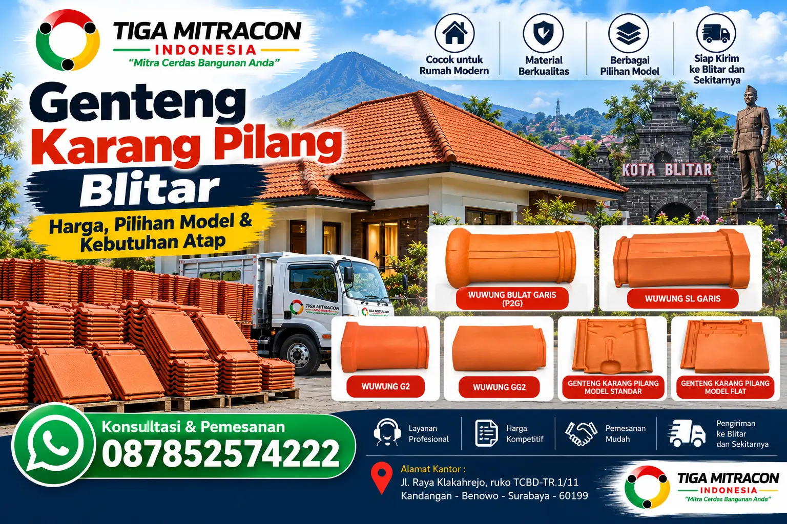 Genteng Karang Pilang Blitar dengan pilihan model genteng wuwung dan genteng flat untuk atap rumah modern dari Tiga Mitracon Indonesia.