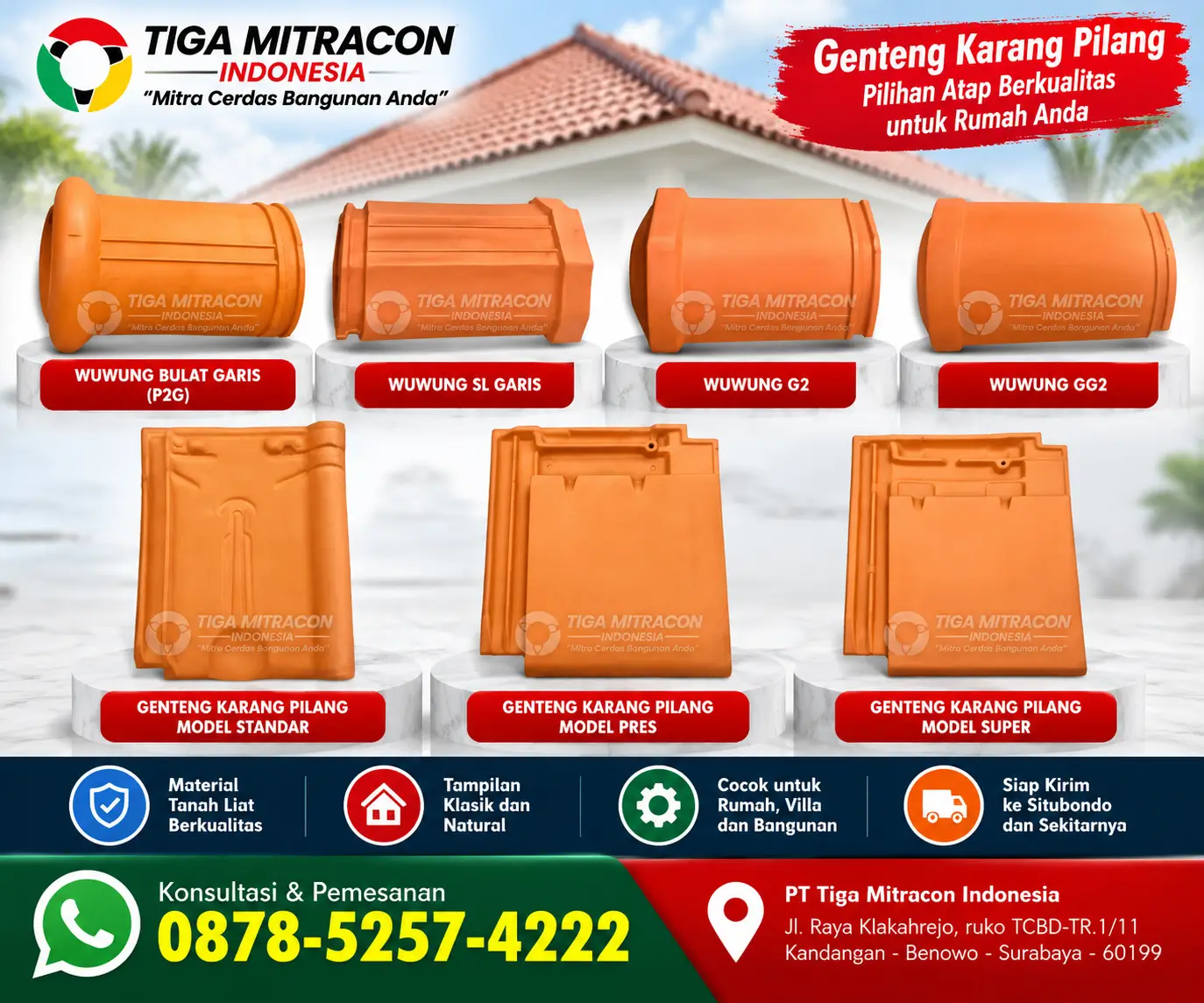 Katalog genteng Karang Pilang dan wuwung tanah liat untuk atap rumah di Situbondo dari Tiga Mitracon Indonesia.