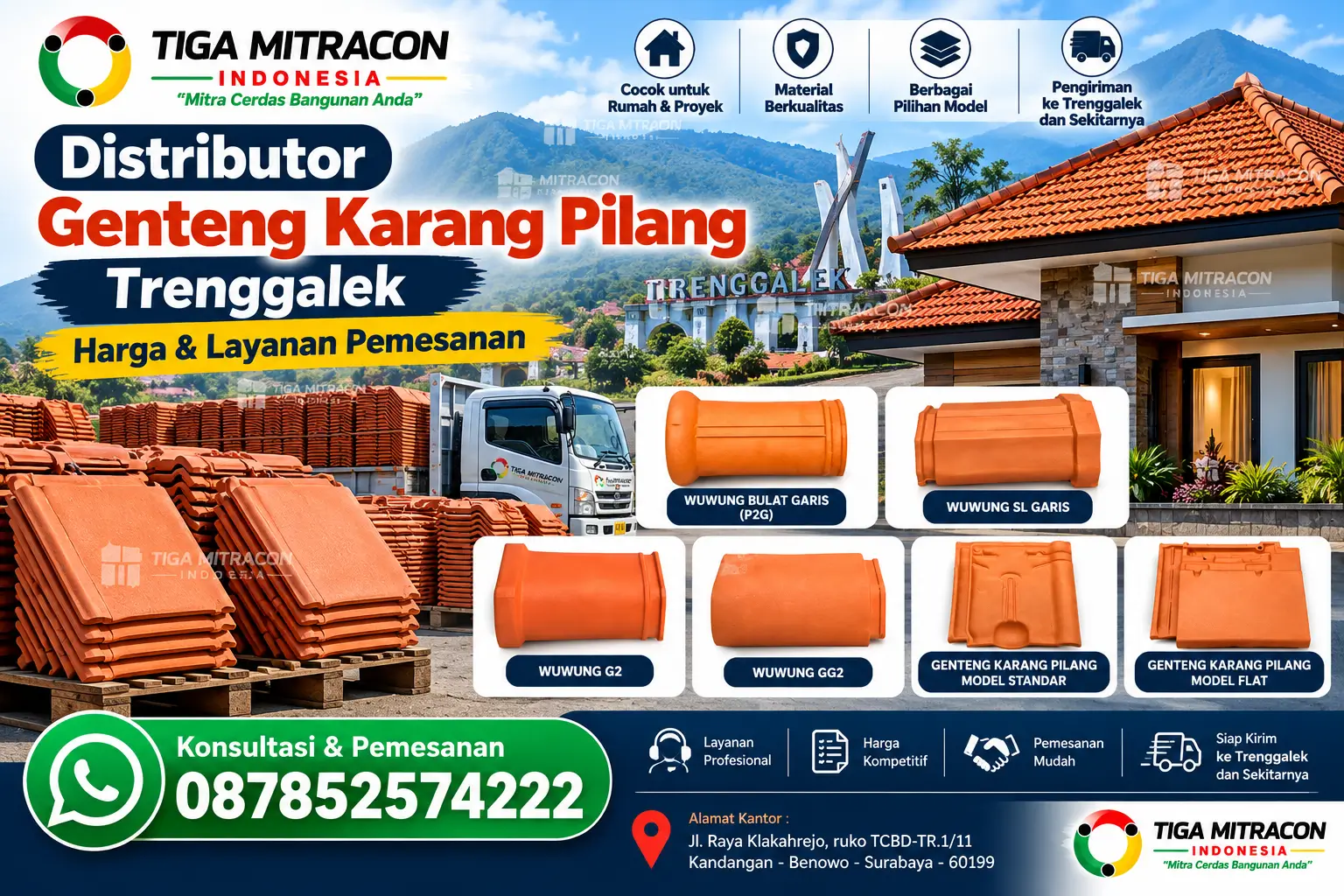 Distributor genteng Karang Pilang Trenggalek Tiga Mitracon Indonesia dengan pilihan genteng tanah liat dan layanan pemesanan melalui WhatsApp 087852574222.