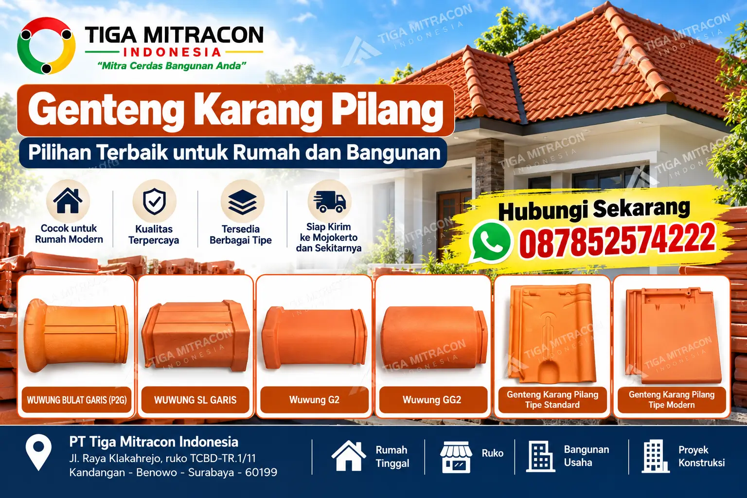 Katalog genteng Karang Pilang dan wuwung tanah liat untuk atap rumah dan bangunan, tersedia dalam berbagai tipe dari Tiga Mitracon Indonesia.